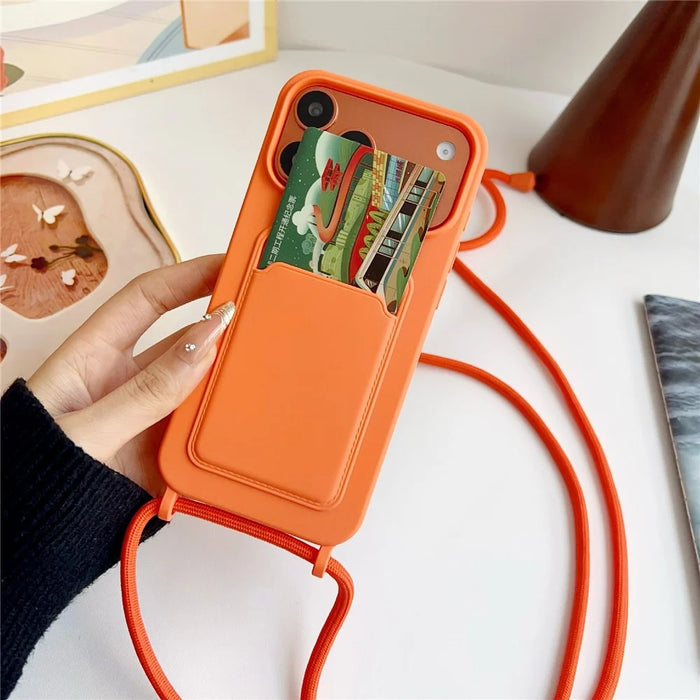 For iPhone 18 Pro Max / 17 Pro Max Liquid Silicone Card Slot Cover Anti Scratch Protection Phone Case with Strap - Orange - 2