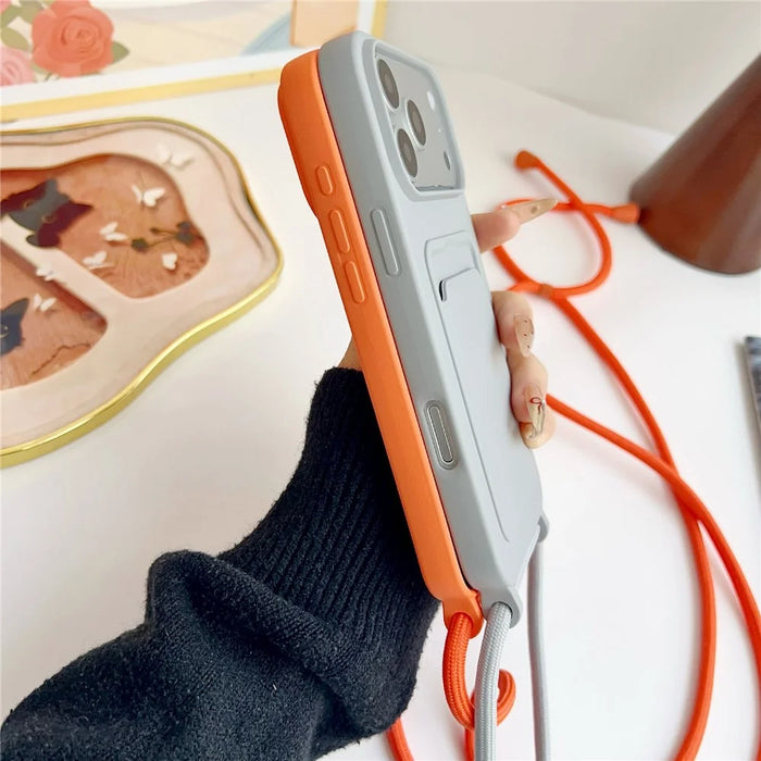 For iPhone 18 Pro Max / 17 Pro Max Liquid Silicone Card Slot Cover Anti Scratch Protection Phone Case with Strap - Orange - 6