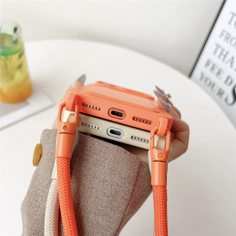 For iPhone 18 Pro / 17 Pro Case Liquid Silicone Card Holder Protective Phone Cover with Adjustable Crossbody Strap - Orange - 7