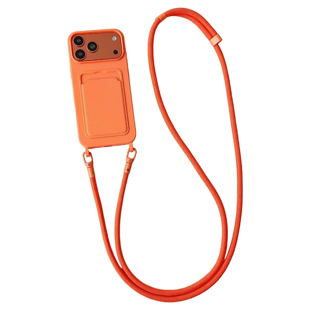 For iPhone 18 Pro Max / 17 Pro Max Case Liquid Silicone Card Holder Protective Phone Cover with Adjustable Crossbody Strap - Orange - 1