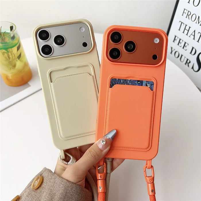 For iPhone 18 Pro Max / 17 Pro Max Case Liquid Silicone Card Holder Protective Phone Cover with Adjustable Crossbody Strap - Orange - 2