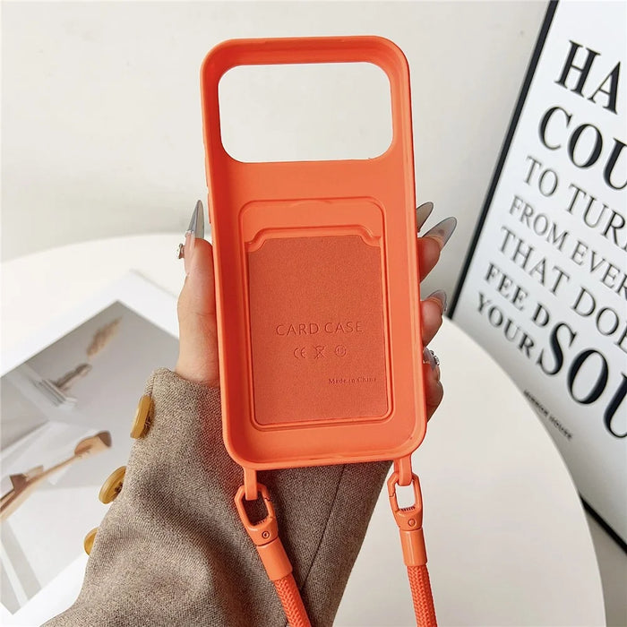 For iPhone 18 Pro Max / 17 Pro Max Case Liquid Silicone Card Holder Protective Phone Cover with Adjustable Crossbody Strap - Orange - 3