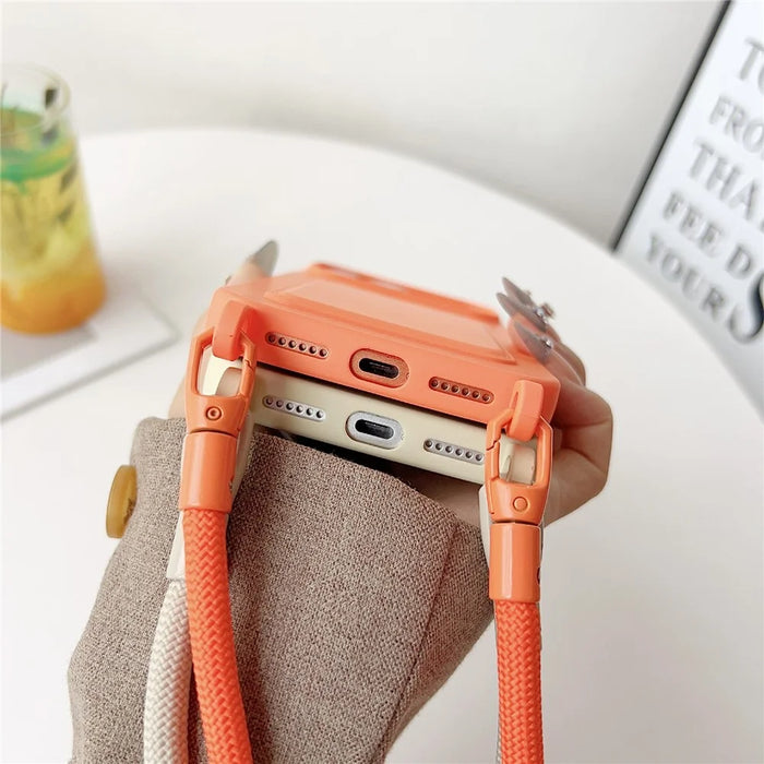For iPhone 18 Pro Max / 17 Pro Max Case Liquid Silicone Card Holder Protective Phone Cover with Adjustable Crossbody Strap - Orange - 7