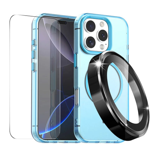 ENKAY HAT PRINCE For iPhone 16 Pro Case with 9H Tempered Glass PC Magnetic Phone Cover + Aluminium Alloy Camera Lens Protector Compatible with MagSafe - Blue - 1