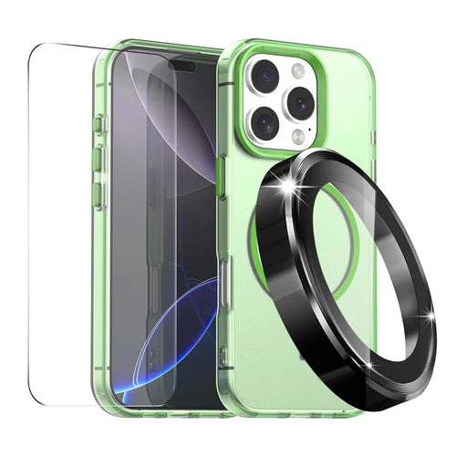 ENKAY HAT PRINCE For iPhone 16 Pro Max Case with 9H Tempered Glass PC Magnetic Phone Cover + Aluminium Alloy Camera Lens Protector Compatible with MagSafe - Green - 1