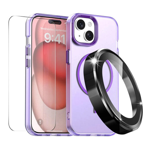ENKAY HAT PRINCE For iPhone 15 Case with 9H Tempered Glass PC Magnetic Phone Cover + Aluminium Alloy Camera Lens Protector Compatible with MagSafe - Purple - 1