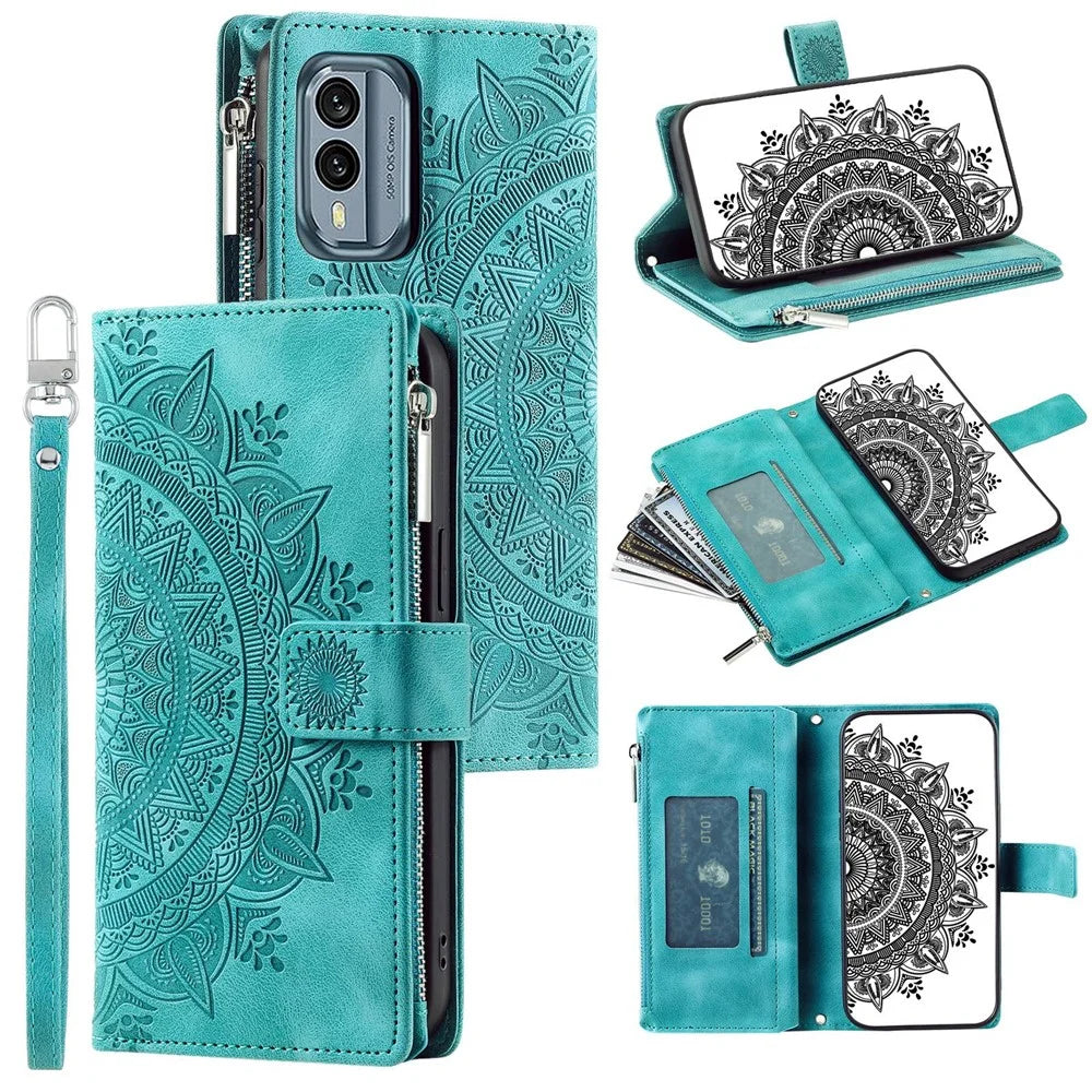 For Nokia X30 5G Mandala Flower Imprinted PU Leather Case Magnetic Clasp Multi Card Slot Protective Cover with Zippered Wallet and Wrist Strap - Green - 1