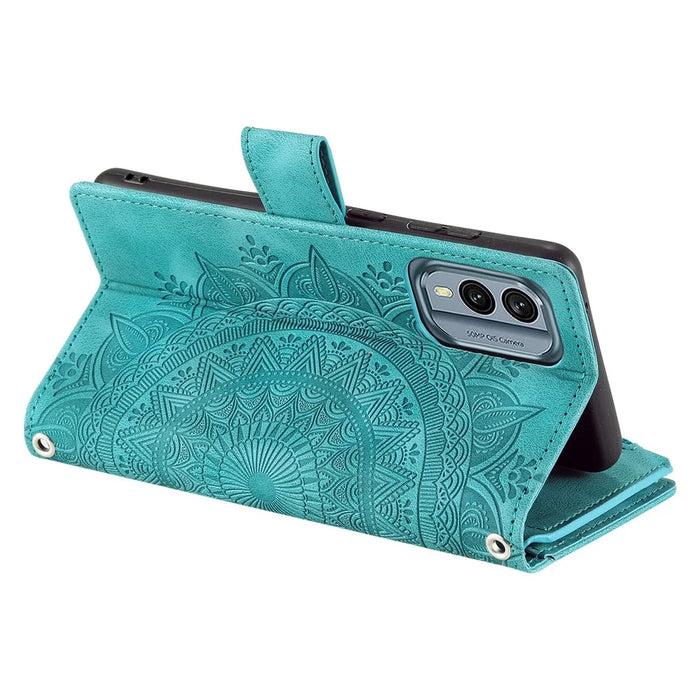 For Nokia X30 5G Mandala Flower Imprinted PU Leather Case Magnetic Clasp Multi Card Slot Protective Cover with Zippered Wallet and Wrist Strap - Green - 6