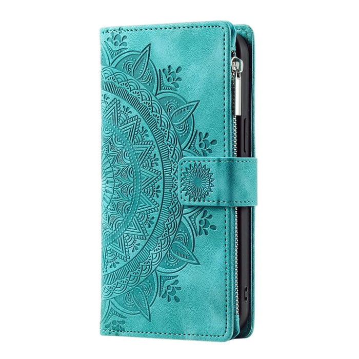 For Nokia X30 5G Mandala Flower Imprinted PU Leather Case Magnetic Clasp Multi Card Slot Protective Cover with Zippered Wallet and Wrist Strap - Green - 7