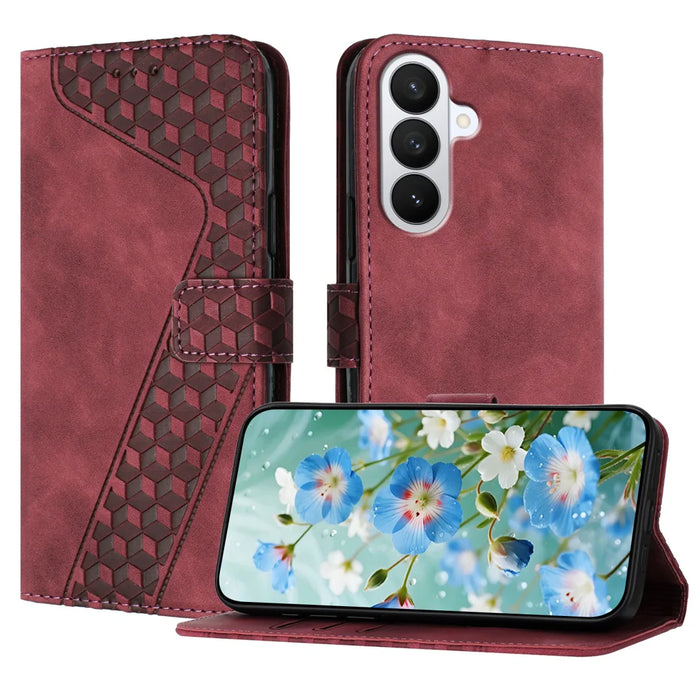 For Samsung Galaxy S26+ Leather Case 7-Shaped Pattern Wallet Stand Shockproof Phone Cover - Brown - 1