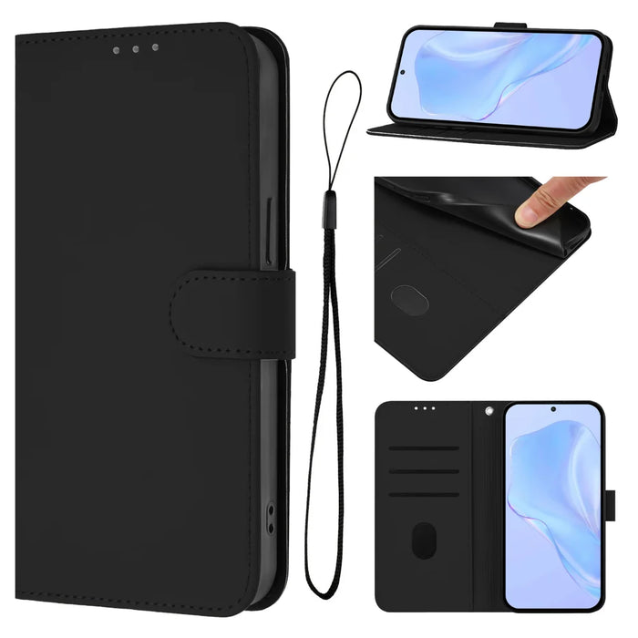 For Samsung Galaxy A37 5G / A36 5G / A56 5G Case Solid Color Wallet Leather Phone Cover with Strap - Black - 4