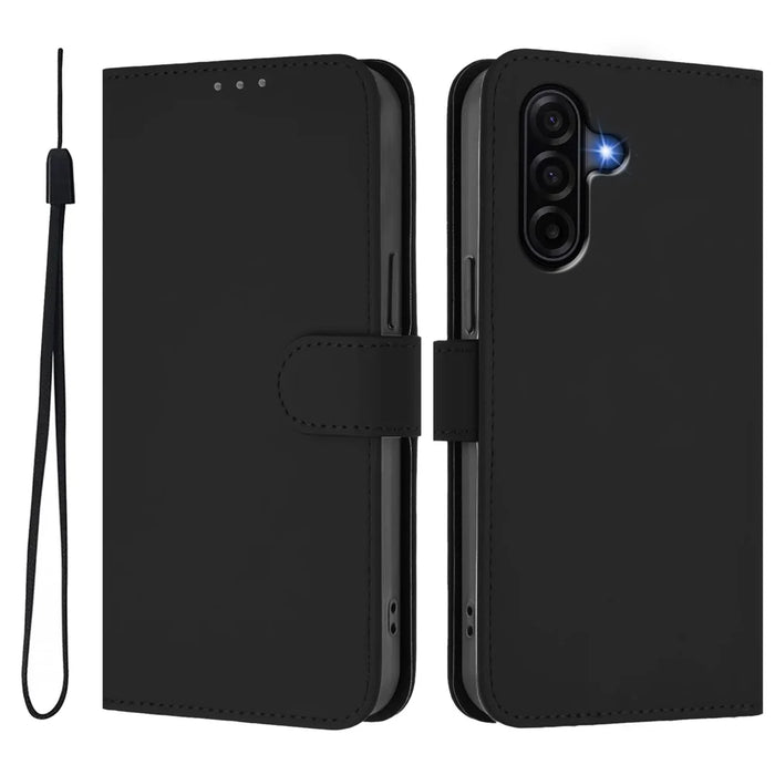 For Samsung Galaxy A57 5G Case Solid Color Wallet Leather Phone Cover with Strap - Black - 1
