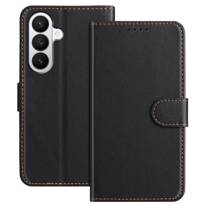 For Samsung Galaxy S26+ Leather Case Wallet Stand Solid Color Anti Drop Phone Cover - Black - 1
