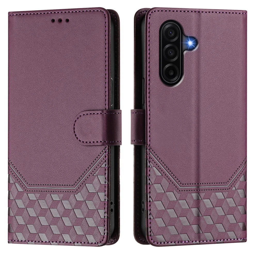 For Samsung Galaxy A57 5G Case Imprinted Honeycomb RFID Blocking Leather Phone Cover with Strap - Dark Purple - 1
