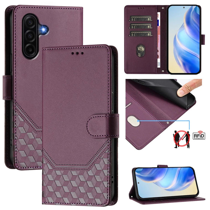 For Samsung Galaxy A57 5G Case Imprinted Honeycomb RFID Blocking Leather Phone Cover with Strap - Dark Purple - 2