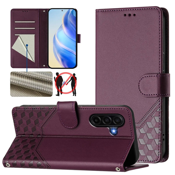 For Samsung Galaxy A57 5G Case Imprinted Honeycomb RFID Blocking Leather Phone Cover with Strap - Dark Purple - 3
