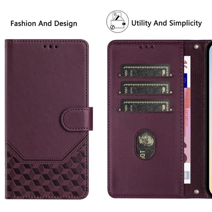 For Samsung Galaxy A57 5G Case Imprinted Honeycomb RFID Blocking Leather Phone Cover with Strap - Dark Purple - 4