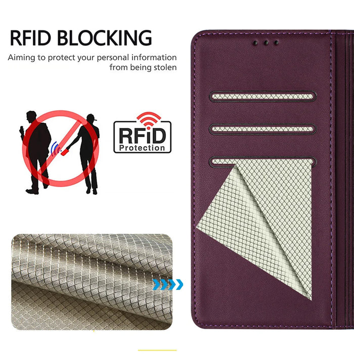 For Samsung Galaxy A57 5G Case Imprinted Honeycomb RFID Blocking Leather Phone Cover with Strap - Dark Purple - 5