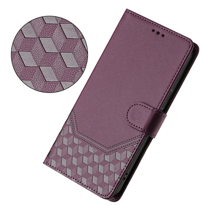 For Samsung Galaxy A57 5G Case Imprinted Honeycomb RFID Blocking Leather Phone Cover with Strap - Dark Purple - 7