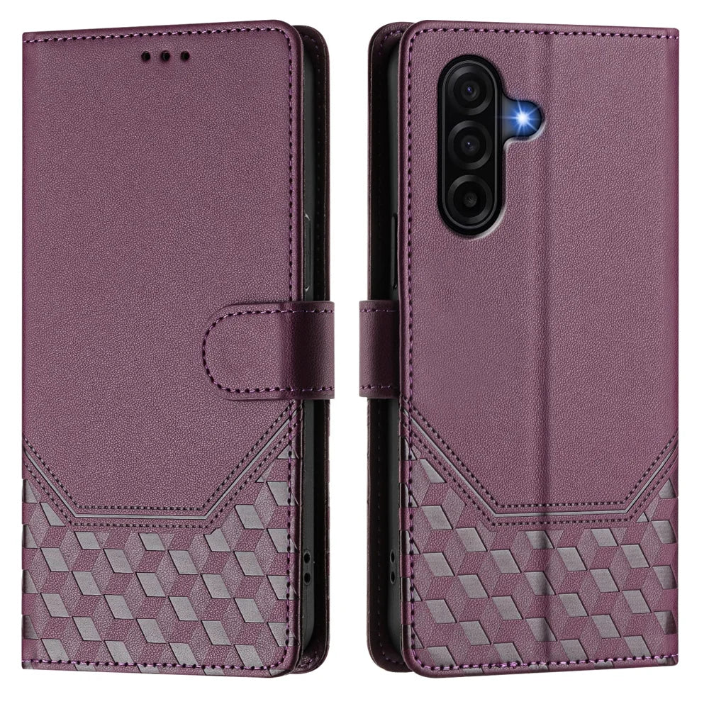 For Samsung Galaxy A37 5G / A36 5G / A56 5G Case Imprinted Honeycomb RFID Blocking Leather Phone Cover with Strap - Dark Purple - 1