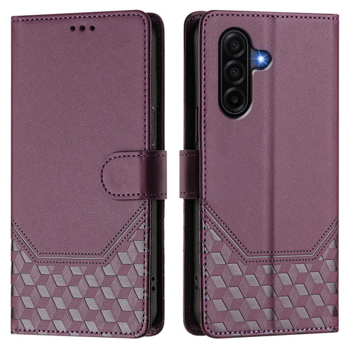 For Samsung Galaxy A37 5G / A36 5G / A56 5G Case Imprinted Honeycomb RFID Blocking Leather Phone Cover with Strap - Dark Purple - 1