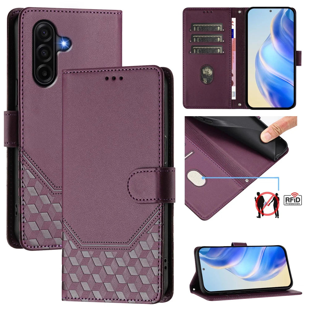 For Samsung Galaxy A37 5G / A36 5G / A56 5G Case Imprinted Honeycomb RFID Blocking Leather Phone Cover with Strap - Dark Purple - 2