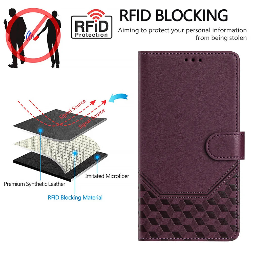 For Samsung Galaxy A37 5G / A36 5G / A56 5G Case Imprinted Honeycomb RFID Blocking Leather Phone Cover with Strap - Dark Purple - 6
