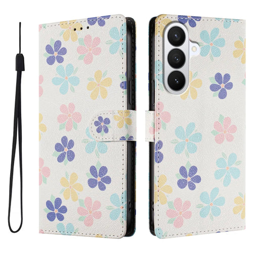 For Samsung Galaxy S26+ Case Pattern Print PU Leather Wallet Phone Cover with Wrist Strap - Colored Flowers - 1
