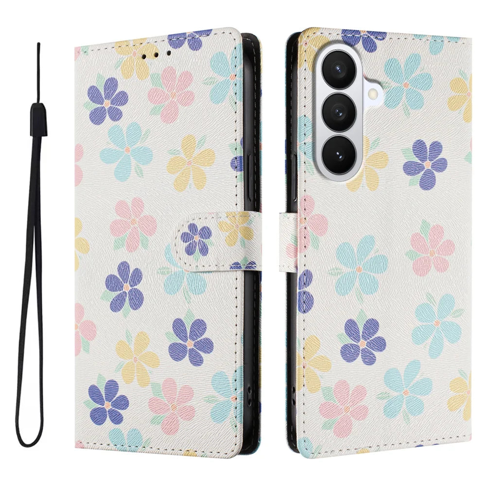 For Samsung Galaxy S26+ Case Pattern Print PU Leather Wallet Phone Cover with Wrist Strap - Colored Flowers - 1