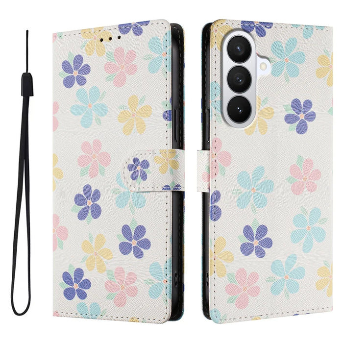 For Samsung Galaxy S26+ Case Pattern Print PU Leather Wallet Phone Cover with Wrist Strap - Colored Flowers - 1