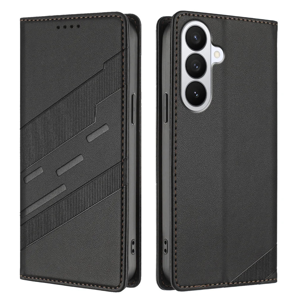 For Samsung Galaxy S26+ Phone Cases Punk Style Imprinted Wallet Stand Leather Cover - Black - 1