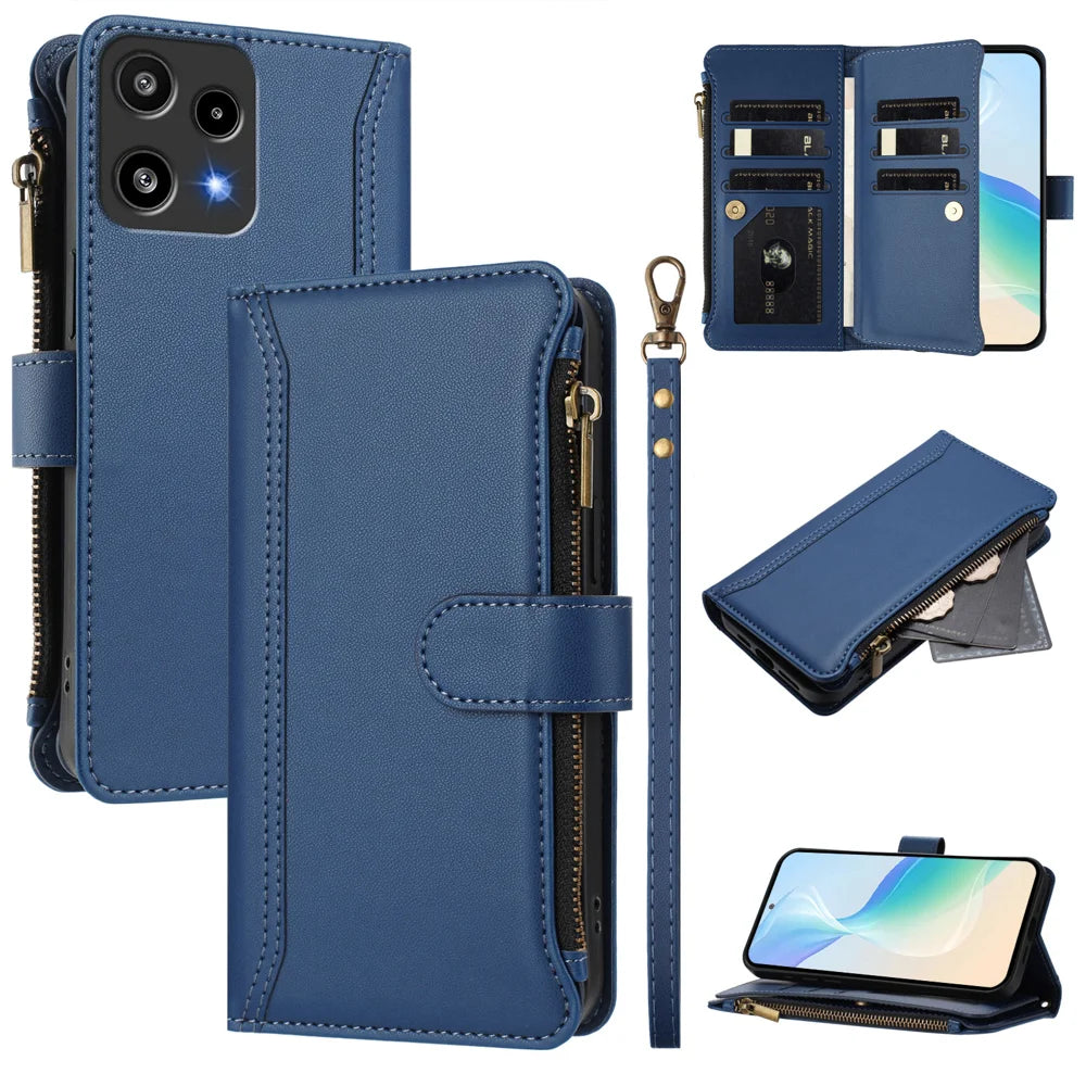 For Nothing Phone (3a) Lite 5G Leather Case 9 Card Slots Zipper Wallet Stand Phone Cover with Wrist Strap - Dark Blue - 1