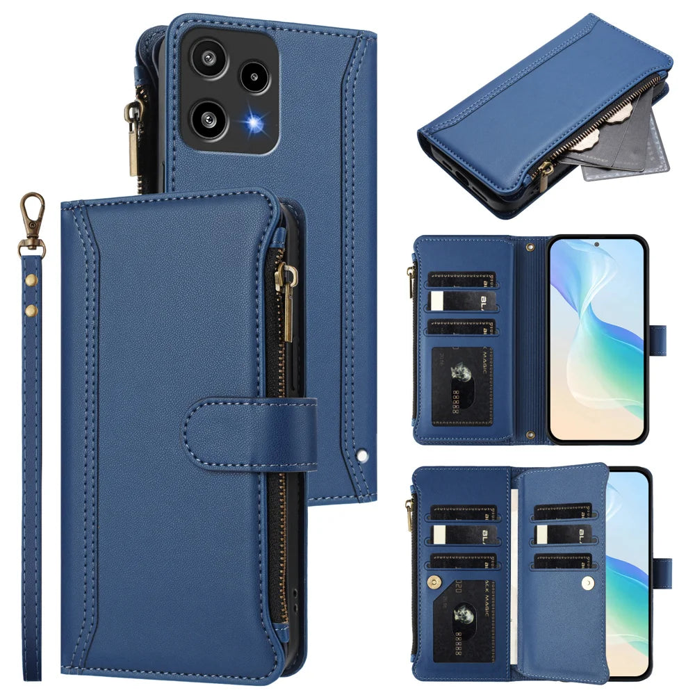 For Nothing Phone (3a) Lite 5G Leather Case 9 Card Slots Zipper Wallet Stand Phone Cover with Wrist Strap - Dark Blue - 2