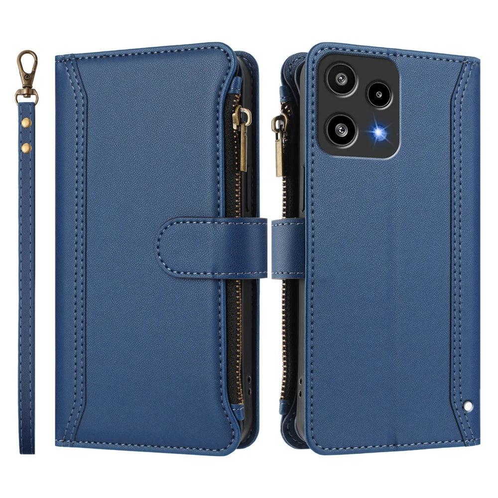 For Nothing Phone (3a) Lite 5G Leather Case 9 Card Slots Zipper Wallet Stand Phone Cover with Wrist Strap - Dark Blue - 3