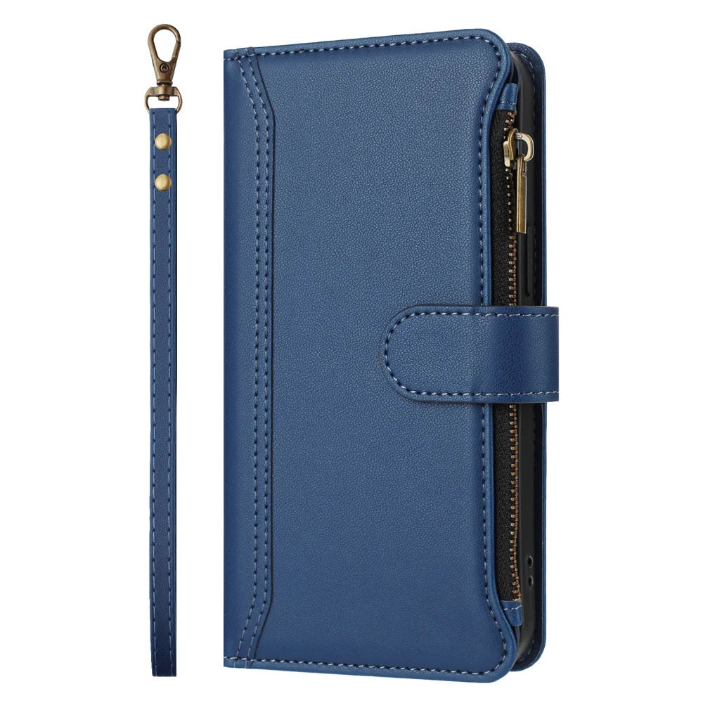 For Nothing Phone (3a) Lite 5G Leather Case 9 Card Slots Zipper Wallet Stand Phone Cover with Wrist Strap - Dark Blue - 5