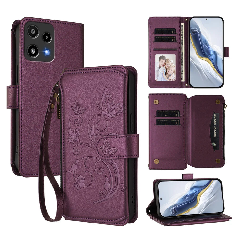 For Nothing Phone (3a) Lite 5G Leather Case Butterfly Floral Imprint Zipper Wallet Stand Cover with Wrist Strap - Purple - 1