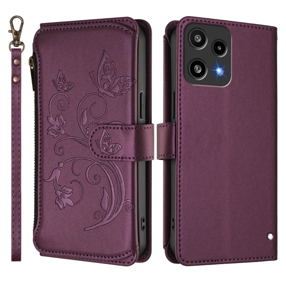 For Nothing Phone (3a) Lite 5G Leather Case Butterfly Floral Imprint Zipper Wallet Stand Cover with Wrist Strap - Purple - 2