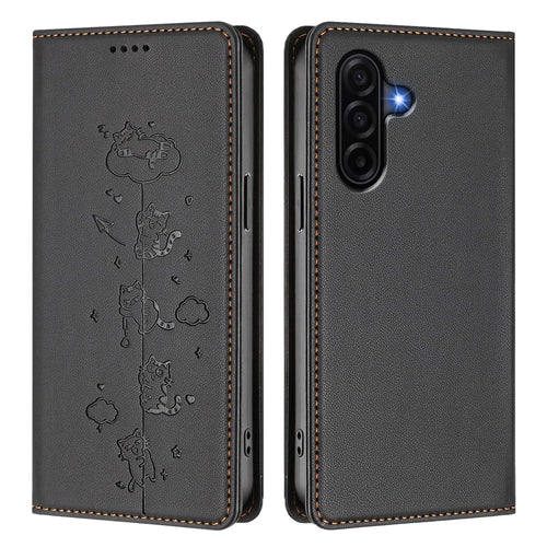 For Samsung Galaxy A57 5G Case RFID Blocking Wallet Stand Imprinted Cat Pattern Leather Phone Cover - Black - 1