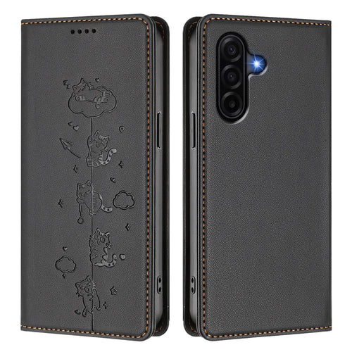 For Samsung Galaxy A37 5G / A36 5G / A56 5G Case RFID Blocking Wallet Stand Imprinted Cat Pattern Leather Phone Cover - Black - 1
