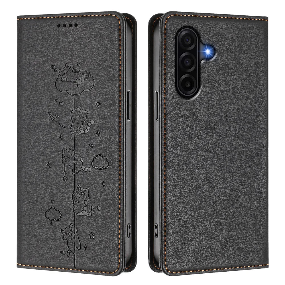 For Samsung Galaxy A37 5G / A36 5G / A56 5G Case RFID Blocking Wallet Stand Imprinted Cat Pattern Leather Phone Cover - Black - 1