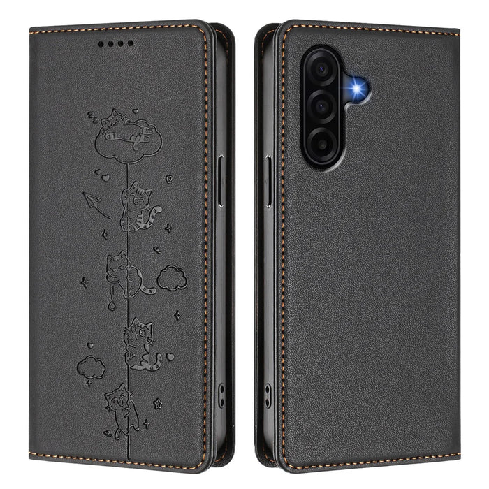 For Samsung Galaxy A37 5G / A36 5G / A56 5G Case RFID Blocking Wallet Stand Imprinted Cat Pattern Leather Phone Cover - Black - 1