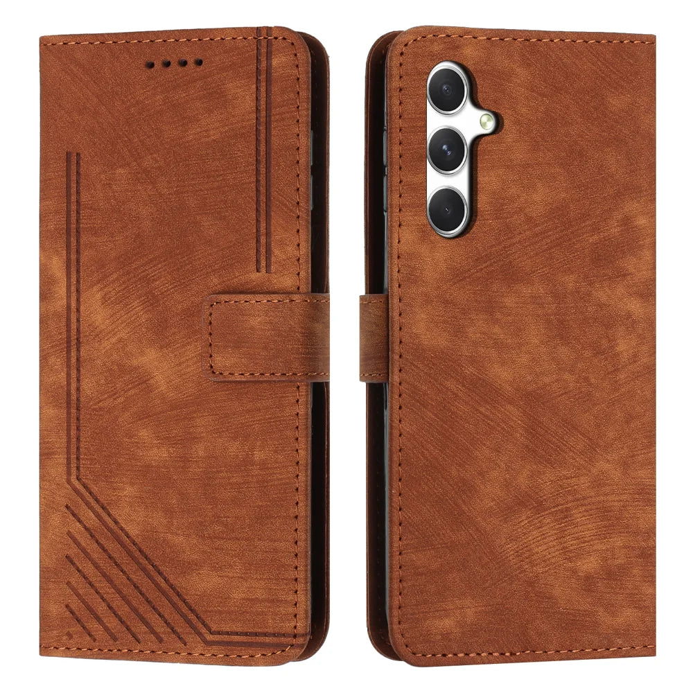 For Samsung Galaxy A37 5G Stand Case Imprinted Lines Leather Phone Cover - Brown - 1