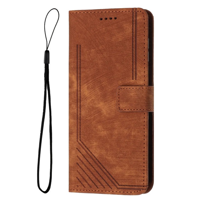 For Samsung Galaxy A37 5G Stand Case Imprinted Lines Leather Phone Cover - Brown - 3