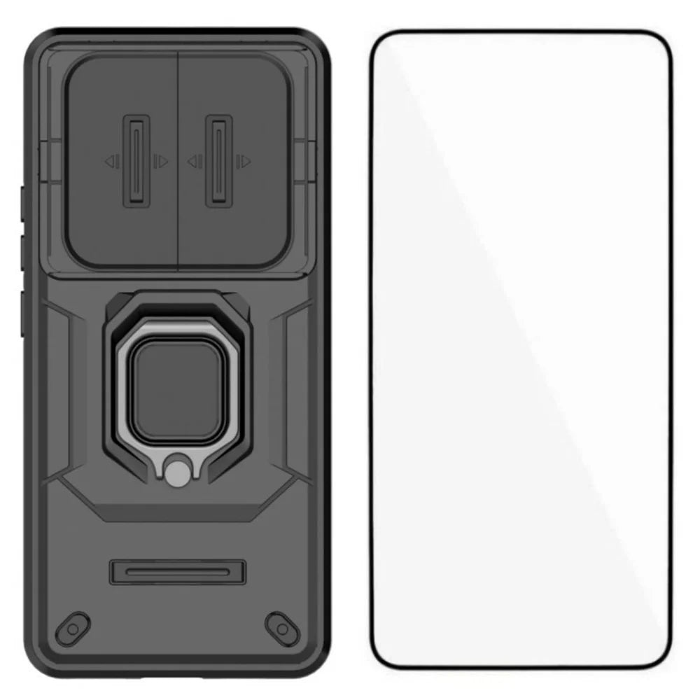 WANLONFENG ZDX Series For Xiaomi Redmi Note 15 Pro 5G (Global) Case PC TPU Kickstand Phone Back Case with Lens Cover + Tempered Glass - Black - 1