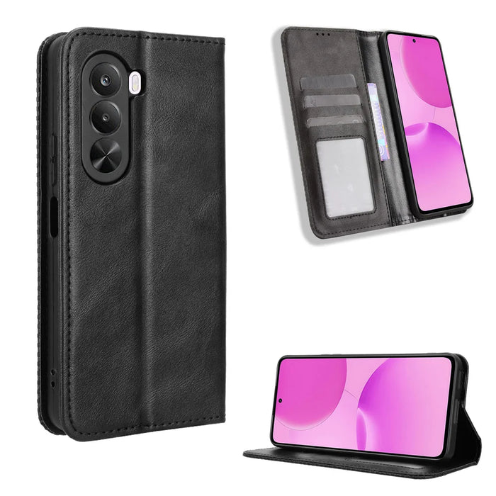 For Realme P4x 5G Leather Case Wallet Stand Retro Texture Phone Cover - Black - 1