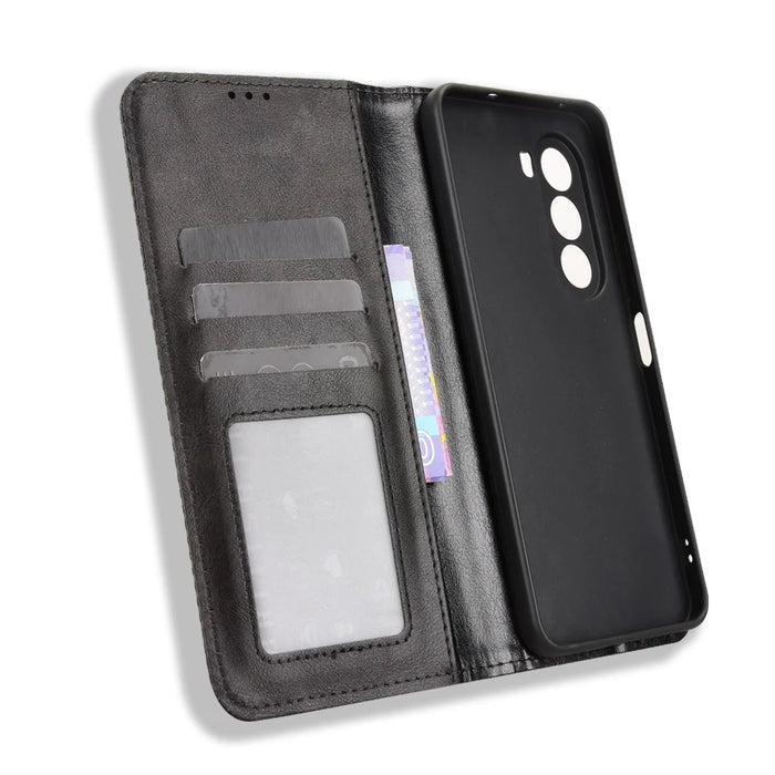 For Realme P4x 5G Leather Case Wallet Stand Retro Texture Phone Cover - Black - 5
