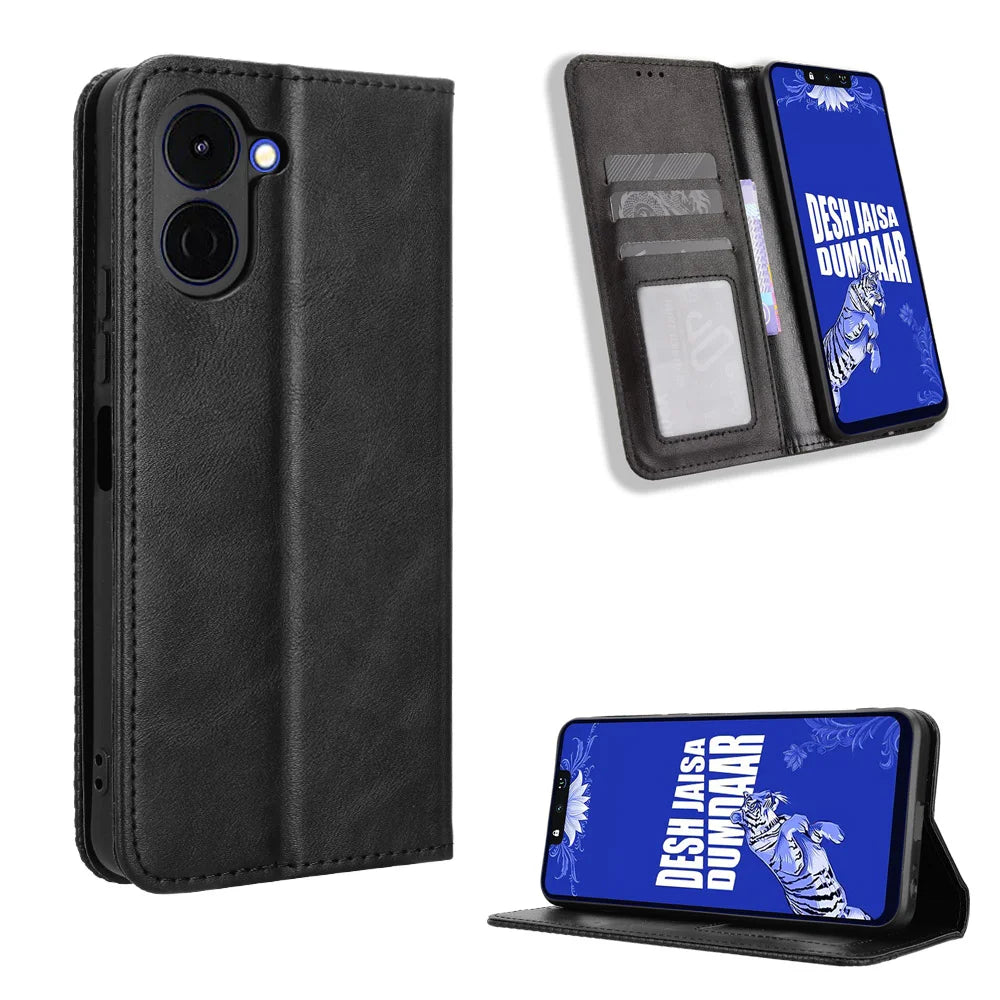 For TECNO Spark Go 3 Leather Case Wallet Stand Retro Texture Phone Cover - Black - 1