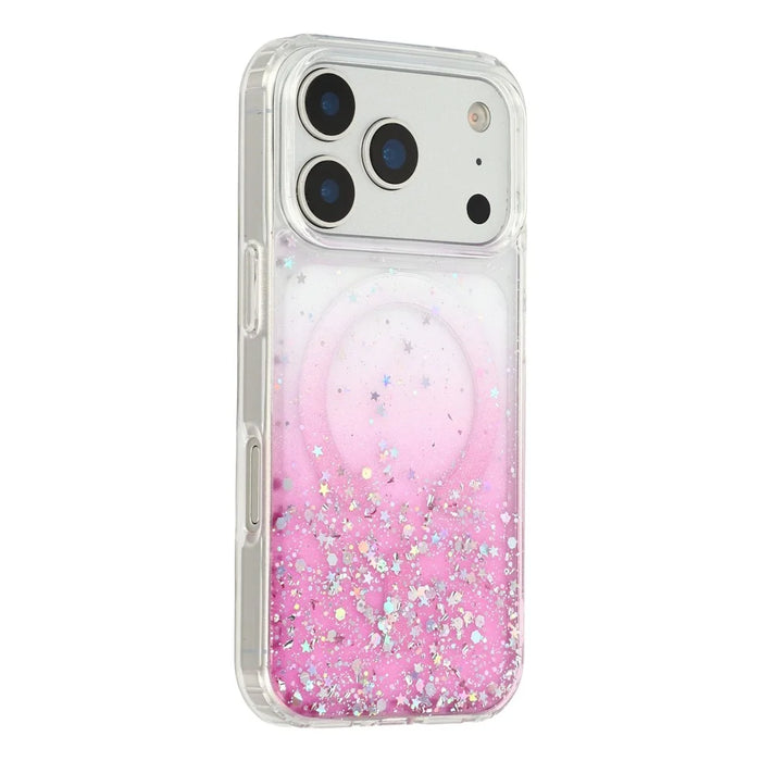 For iPhone 17 Pro Max Magnetic Case Gradient Sparkle Epoxy TPU + Acrylic Phone Cover Compatible with MagSafe - Pink - 1