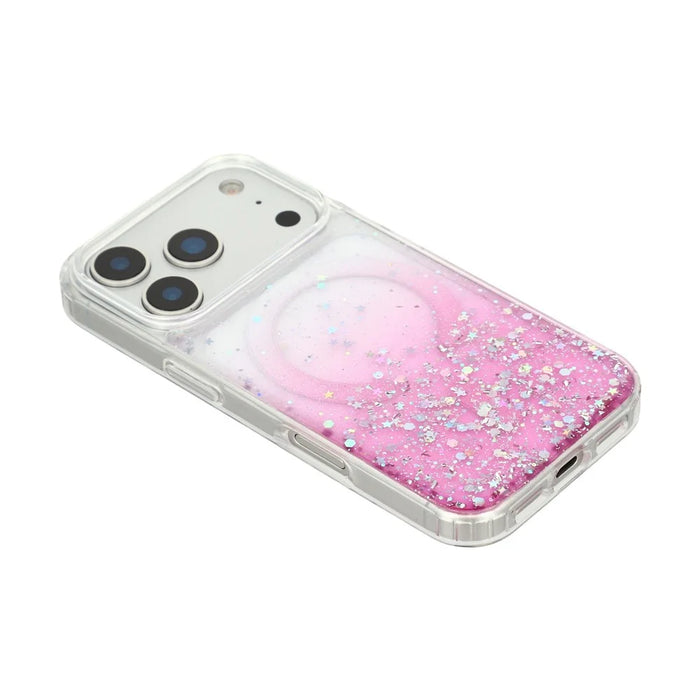 For iPhone 17 Pro Max Magnetic Case Gradient Sparkle Epoxy TPU + Acrylic Phone Cover Compatible with MagSafe - Pink - 5