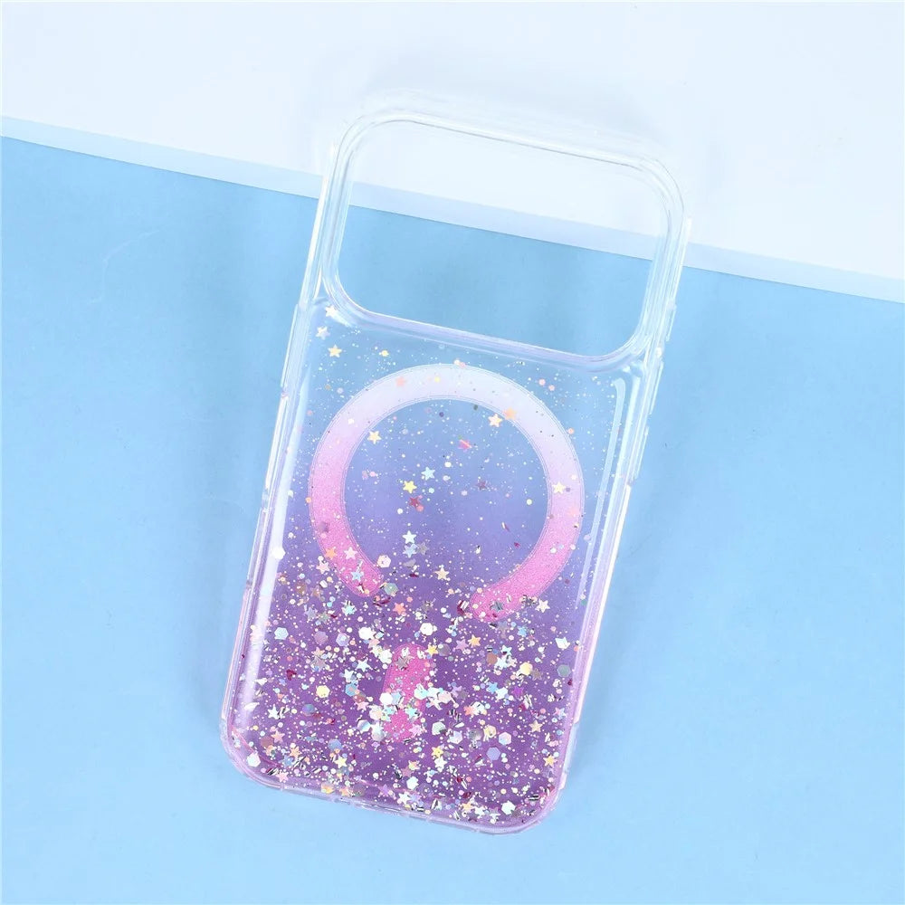 For iPhone 17 Pro Magnetic Case Gradient Sparkle Epoxy TPU + Acrylic Phone Cover Compatible with MagSafe - Pink - 6